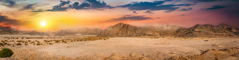 Image showing Desert and mountains at sunrise