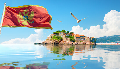 Image showing Flag and Sveti Stefan Island