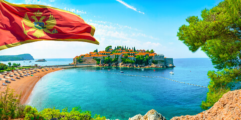 Image showing Flag and beach at Sveti Stefan