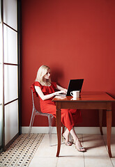 Image showing Beautiful young adult woman wearing red jumpsuit and working lap