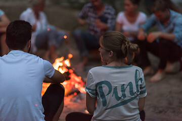 Image showing young friends relaxing around campfire