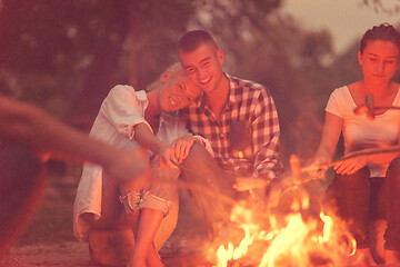 Image showing young friends relaxing around campfire