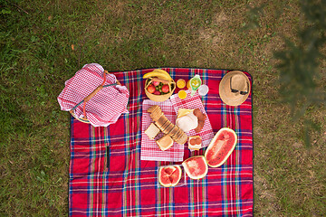 Image showing top view of picnic blanket setting on the grass