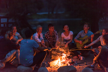 Image showing young friends relaxing around campfire