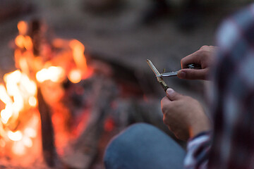 Image showing young friends relaxing around campfire