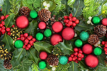 Image showing Christmas Background with Winter Greenery and Baubles