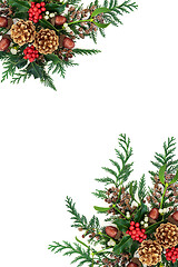 Image showing Festive Christmas Border with Gold Pine Cones and Winter Flora 