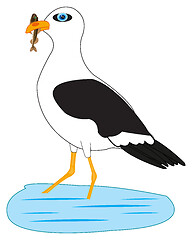 Image showing Bird sea gull on fish sea in beak