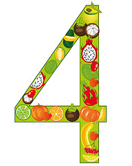 Image showing Numeral four fruits on white background is insulated