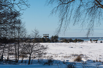 Image showing Bird watching tower in a winter landscape
