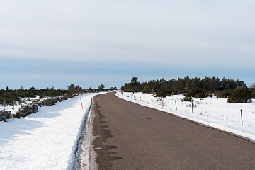 Image showing Winding country road with snow stakes by roadside