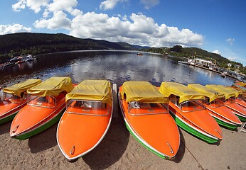 Image showing Fisheye view of motor boats on the shore of Schluchsee lake in Germany