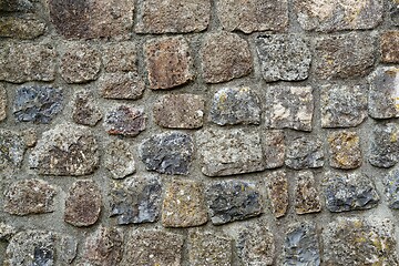 Image showing Texture of gray stone wall covered with lichen