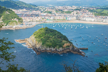 Image showing SAN SEBASTIAN, SPAIN- JULY 13, 2020: Aerial view of San Sebastian and Santa Clara Island, Donostia, Spain on a beautiful summer day