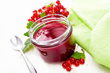 Image showing Jam of red currant in jar on light wooden board