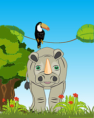 Image showing Wildlife rhinoceros and bird toucan on nature