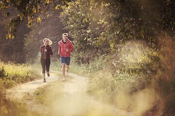 Image showing young couple jogging along a country road