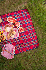 Image showing top view of picnic blanket setting on the grass