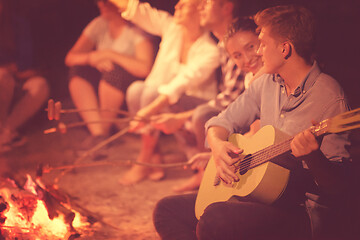 Image showing young friends relaxing around campfire