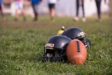 Image showing American football helmets and ball