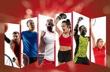 Image showing Young sport team against red background, collage