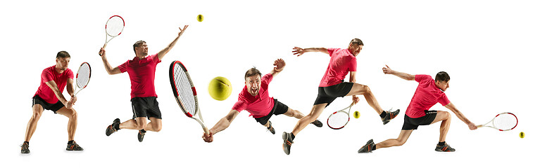 Image showing Young tennis player against white background, collage