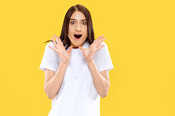 Image showing Portrait of beautiful woman isolated on yellow studio background