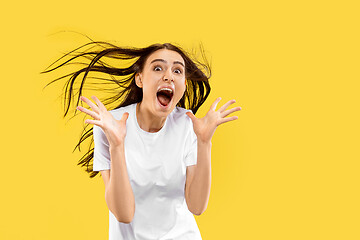 Image showing Portrait of beautiful woman isolated on yellow studio background