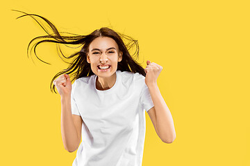 Image showing Portrait of beautiful woman isolated on yellow studio background