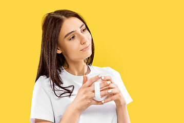 Image showing Portrait of beautiful woman isolated on yellow studio background