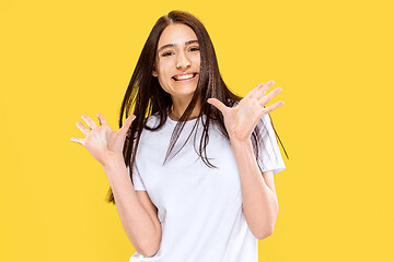 Image showing Portrait of beautiful woman isolated on yellow studio background