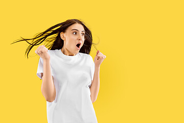 Image showing Portrait of beautiful woman isolated on yellow studio background