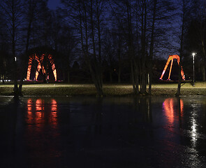 Image showing Kolmisointu sculpture by sculptor Rolf Westerfall in the park of