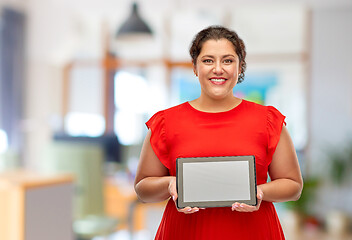 Image showing happy woman in red dress holding tablet computer