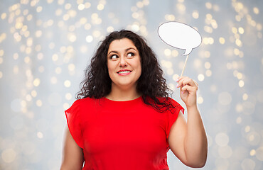 Image showing happy woman in red dress holding speech bubble