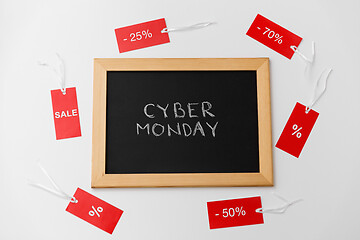 Image showing chalk board with cyber monday words and sale tags