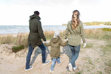 Image showing happy family walking along autumn beach