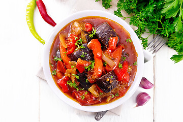 Image showing Ragout vegetable with eggplant on white board top