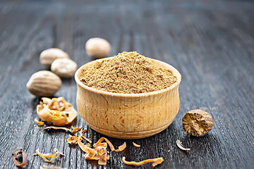 Image showing Nutmeg round in bowl on wooden board