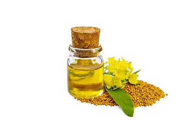 Image showing Oil mustard in vial with seeds and flower