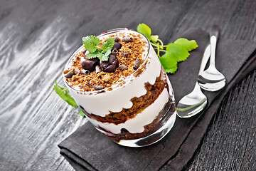 Image showing Dessert Black Forest in glass on wooden board