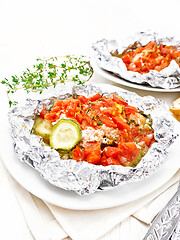 Image showing Salmon with vegetables in plate on white board