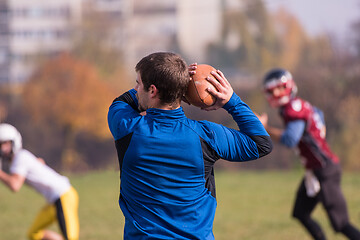 Image showing american football team with coach in action