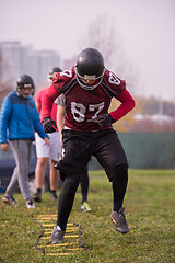 Image showing American football team exercises on ladder drills at field