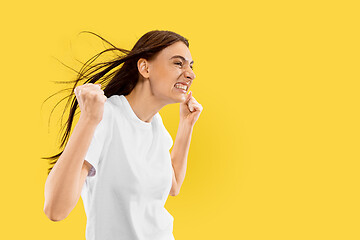 Image showing Portrait of beautiful woman isolated on yellow studio background