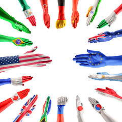 Image showing Hands colored in flags of participating countries of The Group of Twenty