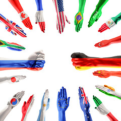 Image showing Hands colored in flags of participating countries of The Group of Twenty