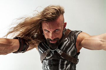 Image showing Man in cosplaying Thor isolated on white studio background