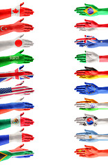 Image showing Hands colored in flags of participating countries of The Group of Twenty