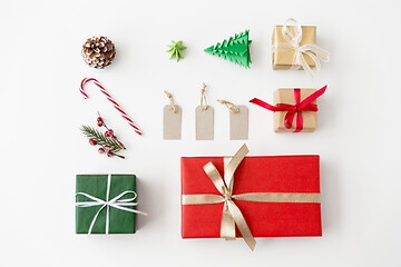 Image showing set of christmas gifts, tags and decorations